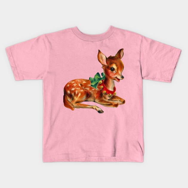 Vintage Christmas Cute Reindeer Kids T-Shirt by PUFFYP